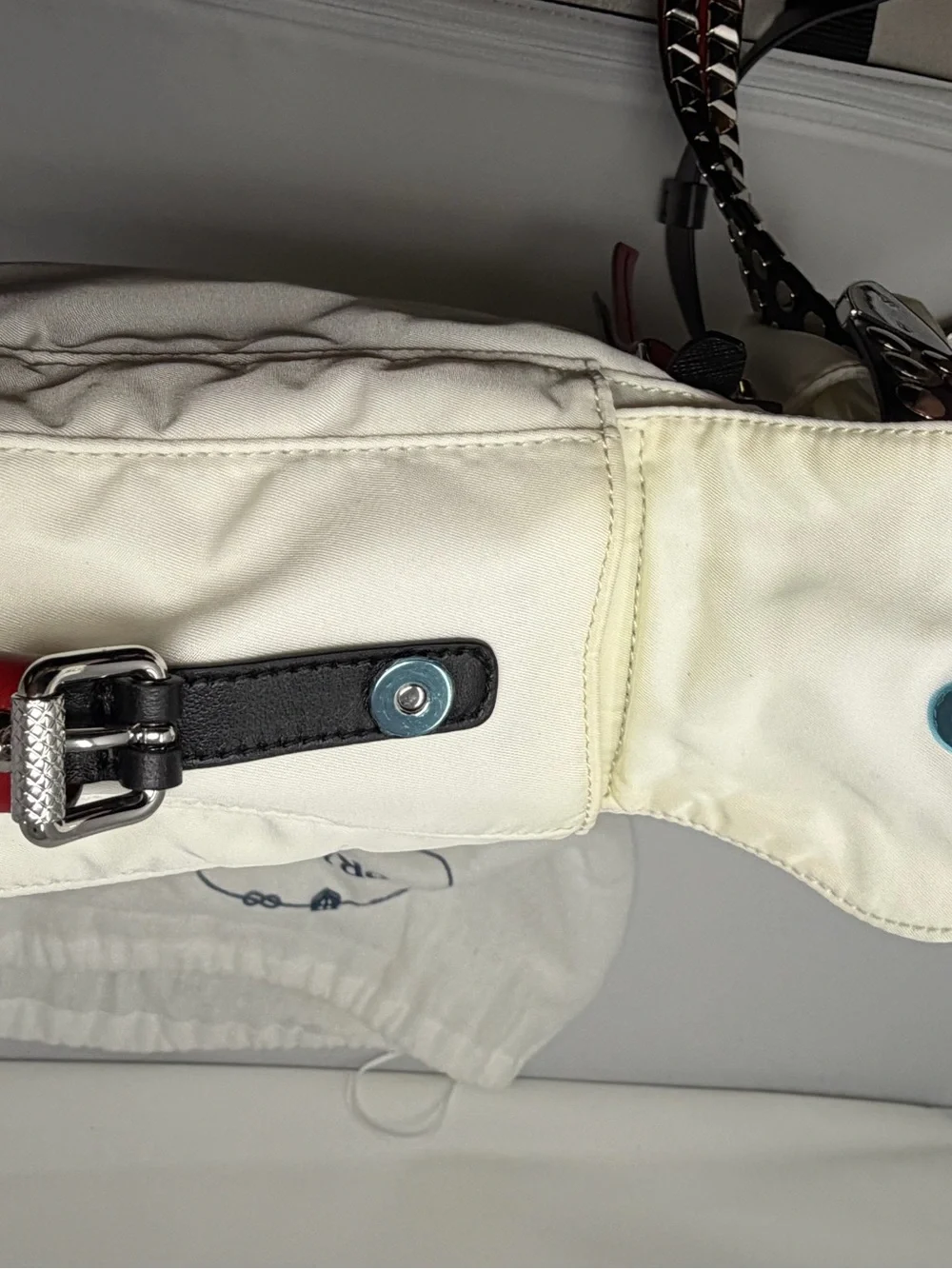 Prada White Nylon Shoulder Bag with Red Trim & Silver Studs